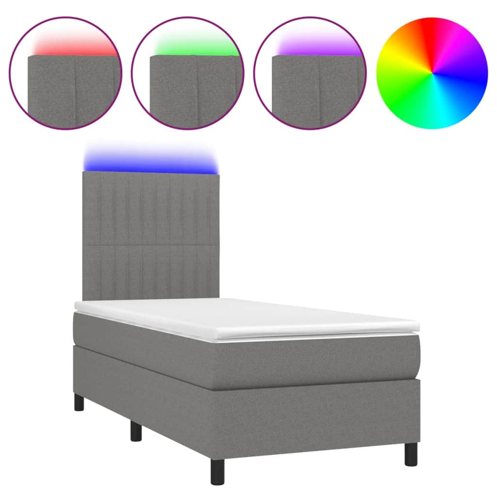 Dark Grey Box Spring Bed with LED Fabric Mattress King Single Adjustable Headboard