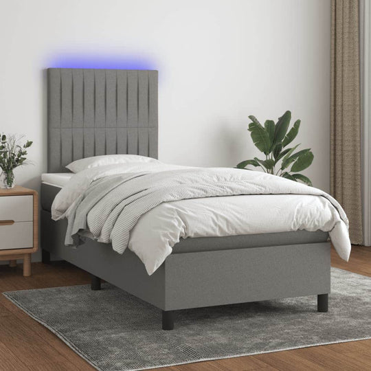 Dark Grey Box Spring Bed LED Fabric Mattress King Single
