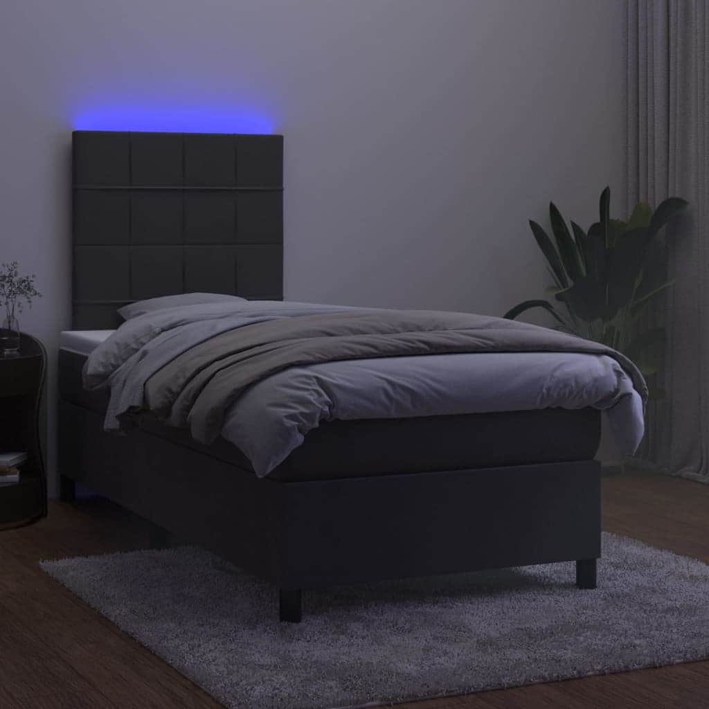 Dark Grey Box Spring Bed with LED Velvet Mattress King Single Adjustable Headboard