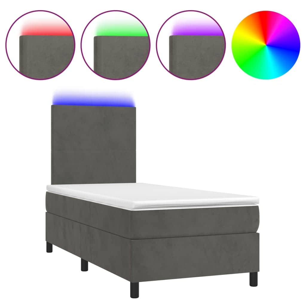 Dark Grey Box Spring Bed with LED Velvet Pocket Spring Mattress King Single