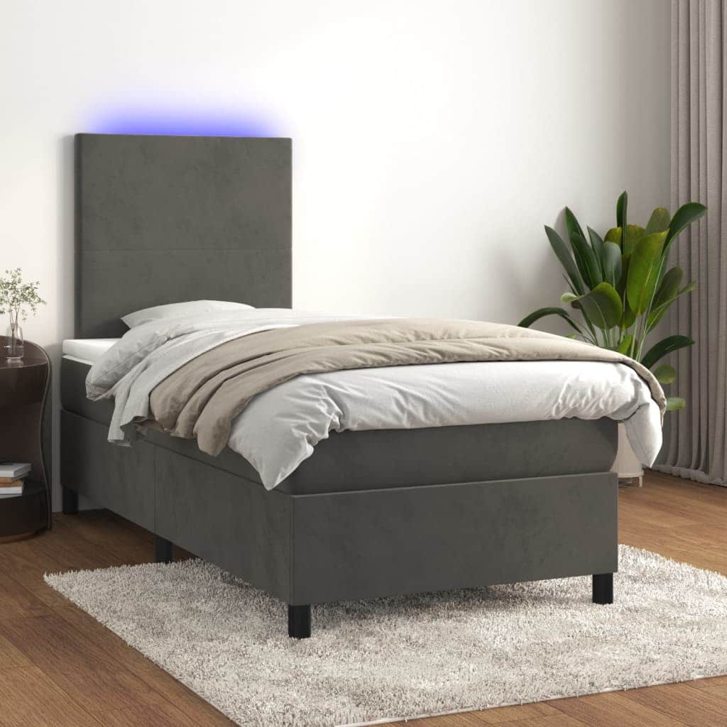 Dark Grey Box Spring Bed with LED Velvet Pocket Spring Mattress King Single