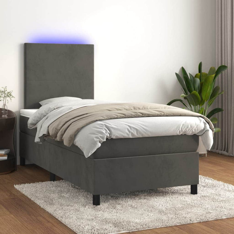 Dark Grey Bed LED Velvet Pocket Spring Mattress King Single