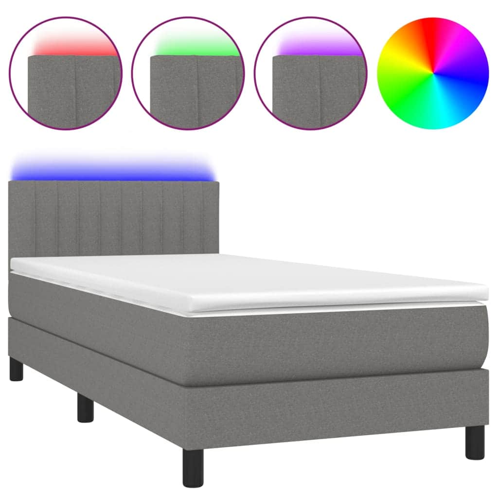 Dark Grey Box Spring Bed with Pocket Spring Mattress Fabric LED Headboard