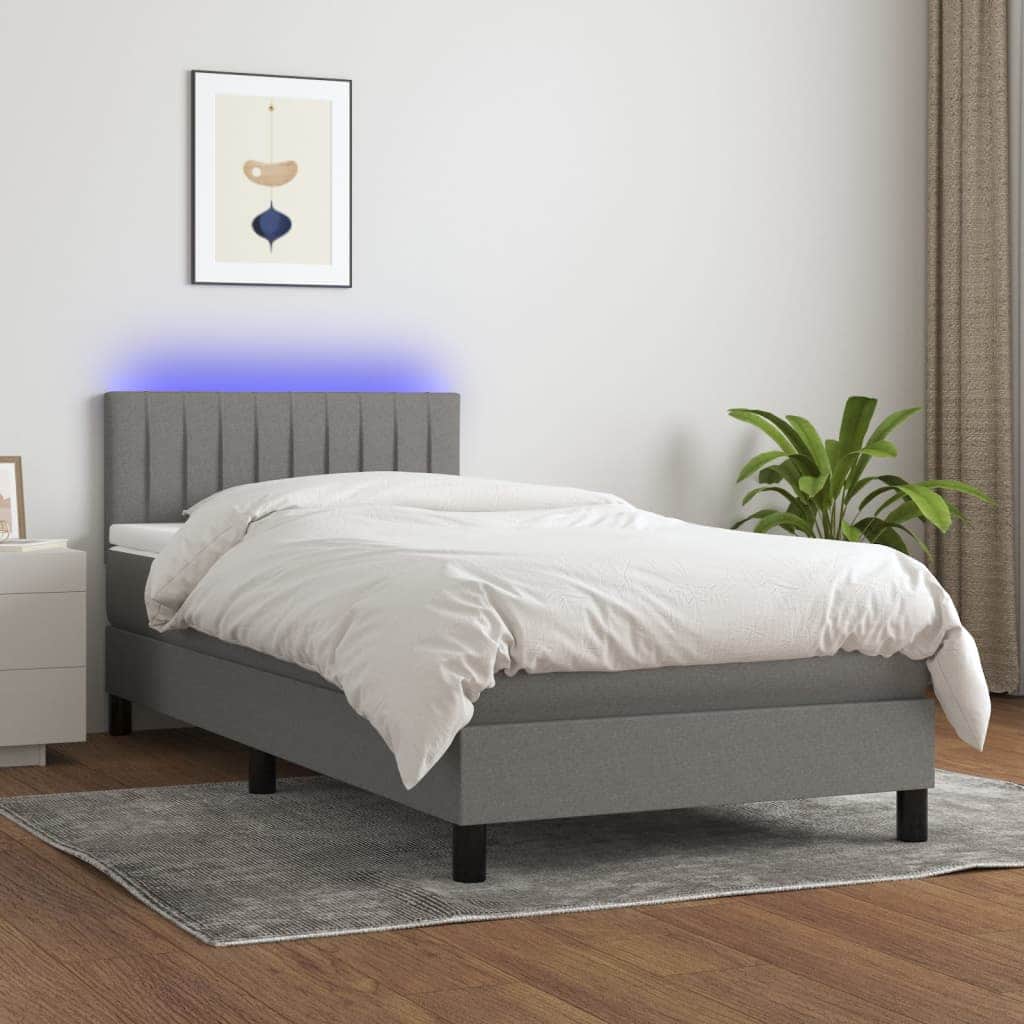 Dark Grey Box Spring Bed with Pocket Spring Mattress Fabric LED Headboard