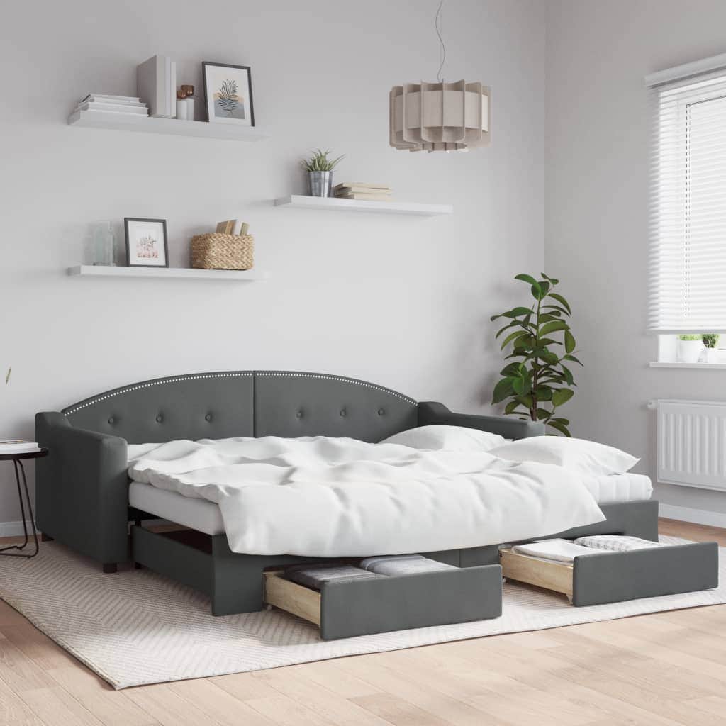 Dark Grey Daybed with Trundle and Storage Drawers for Single Mattress