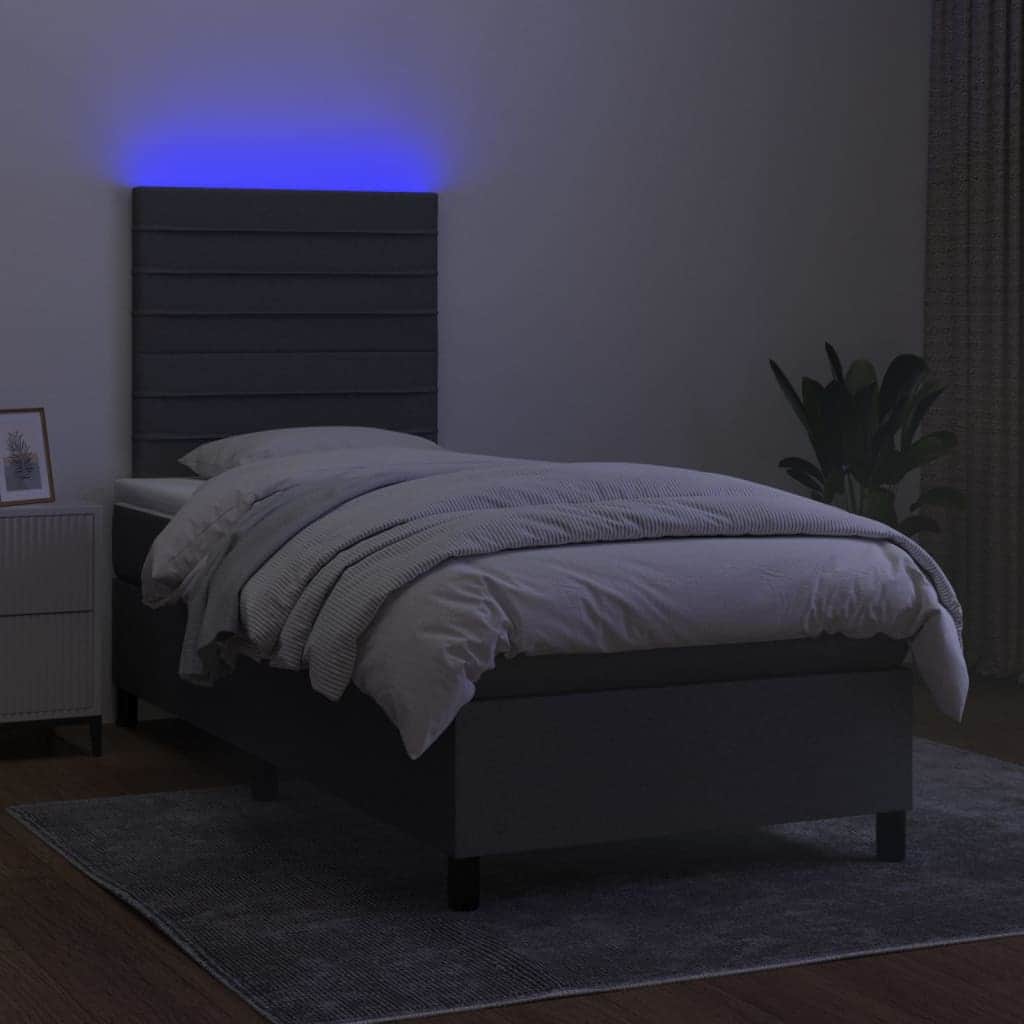 Dark Grey Fabric Box Spring Bed with LED Pocket Spring Mattress King Single