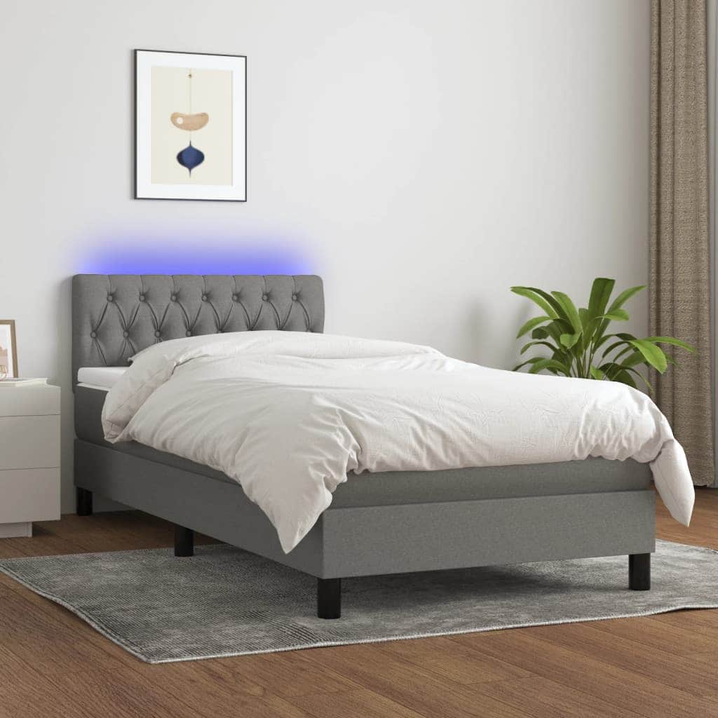 Dark Grey Fabric Box Spring Bed with Mattress LED Pocket Spring