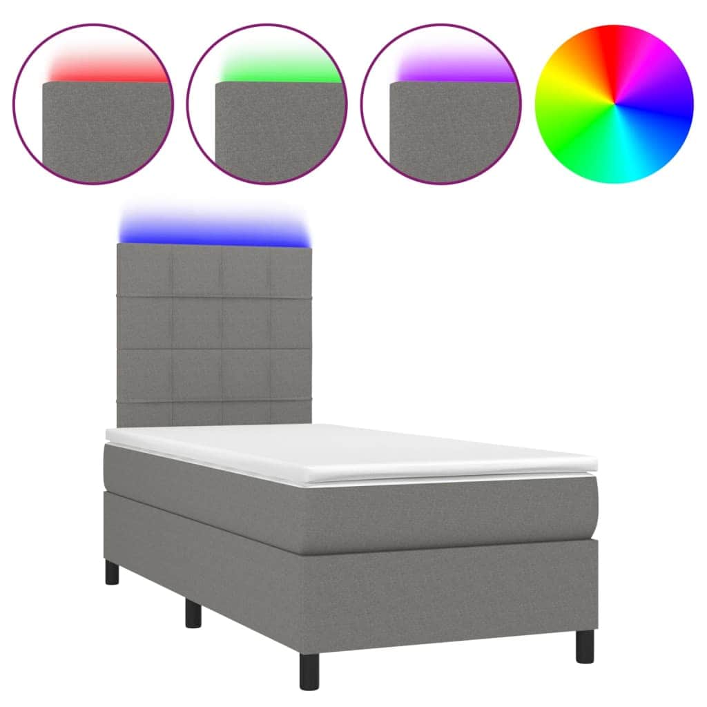 Dark Grey King Single Box Spring Bed with Fabric Pocket Spring Mattress & LED