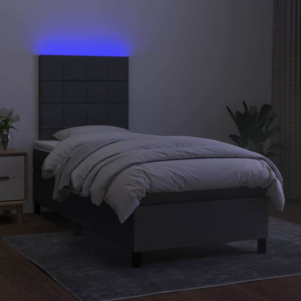 Dark Grey King Single Box Spring Bed with Fabric Pocket Spring Mattress & LED