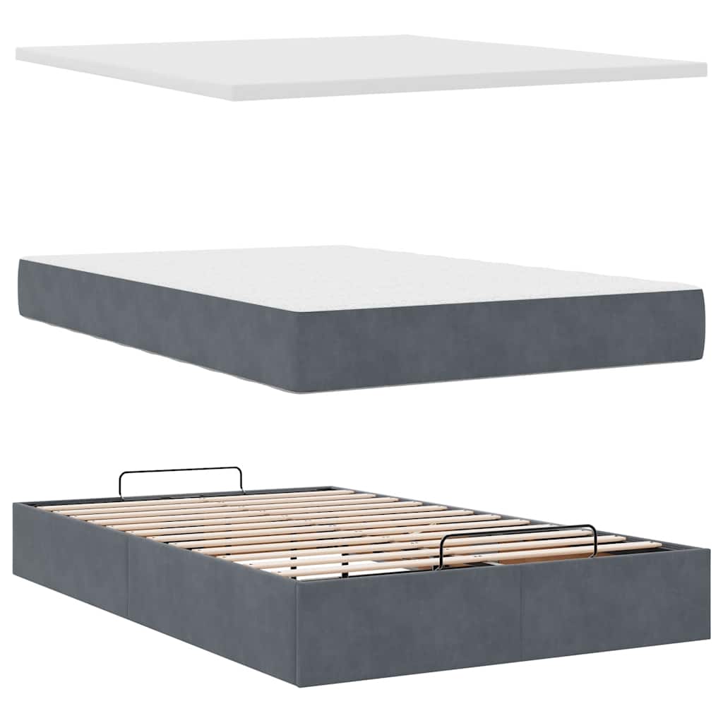 Dark Grey King Single Ottoman Bed with Velvet Pocket Spring Mattress & LED