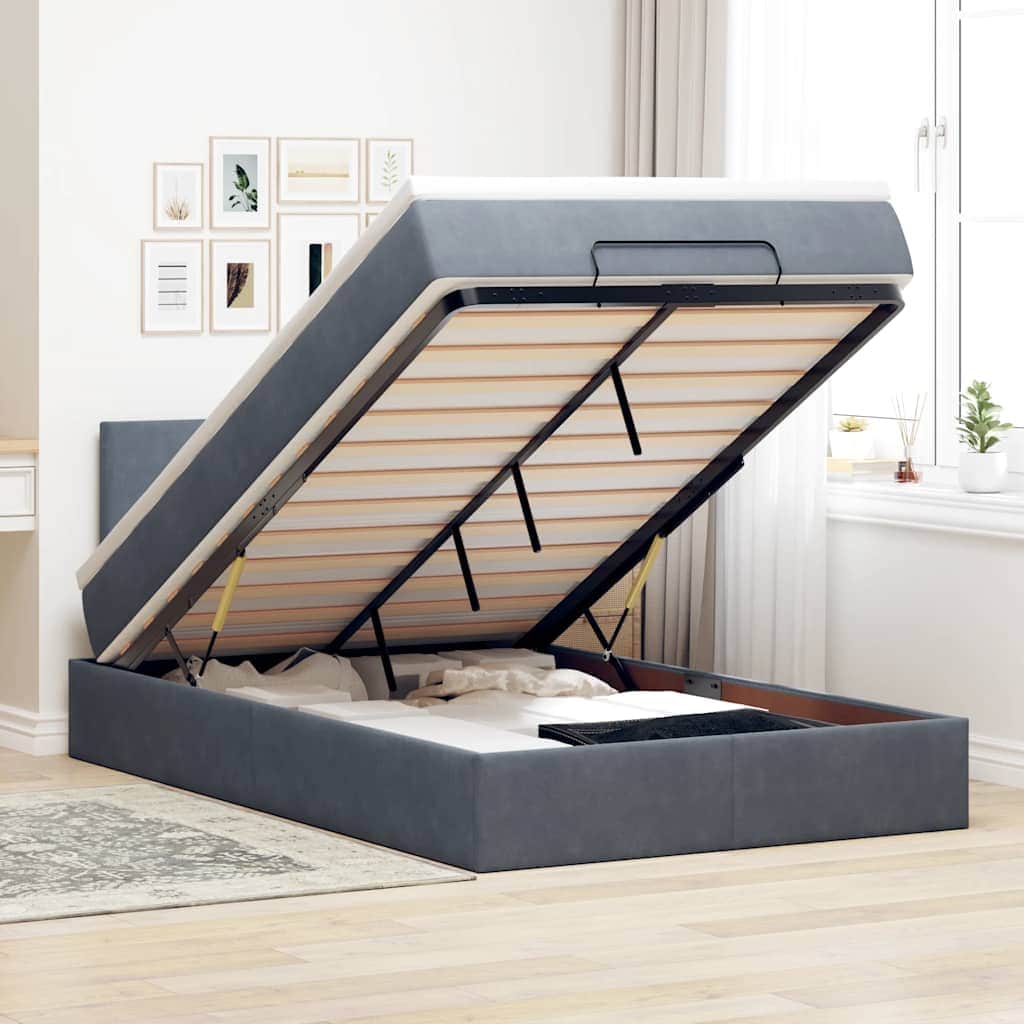 Dark Grey King Single Ottoman Bed with Velvet Pocket Spring Mattress & LED