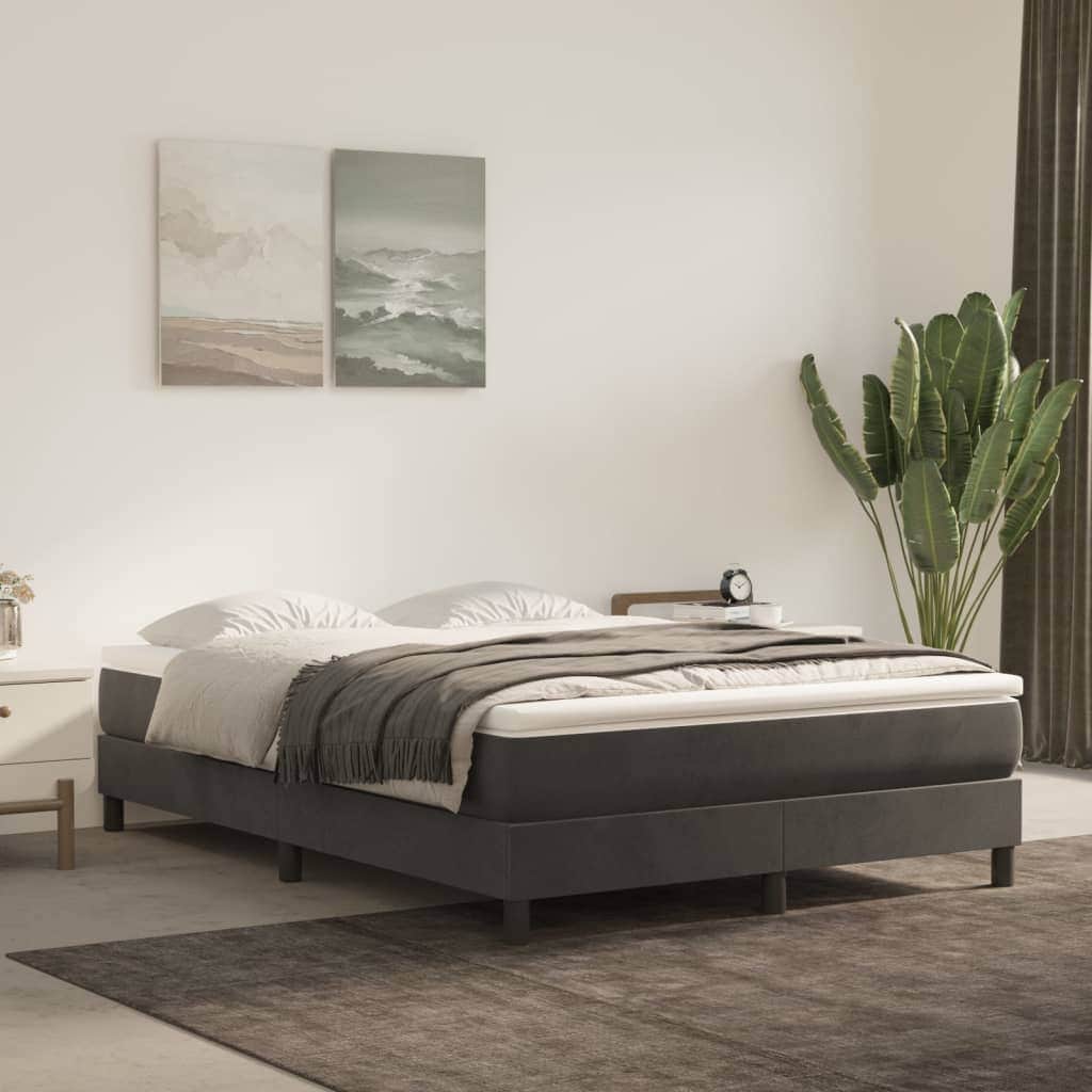 Dark Grey Velvet Box Spring Bed with Mattress Full Size Plywood Slatted Base