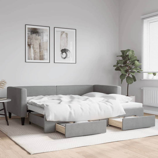 Daybed with Trundle and Drawers Light Grey Fabric Single