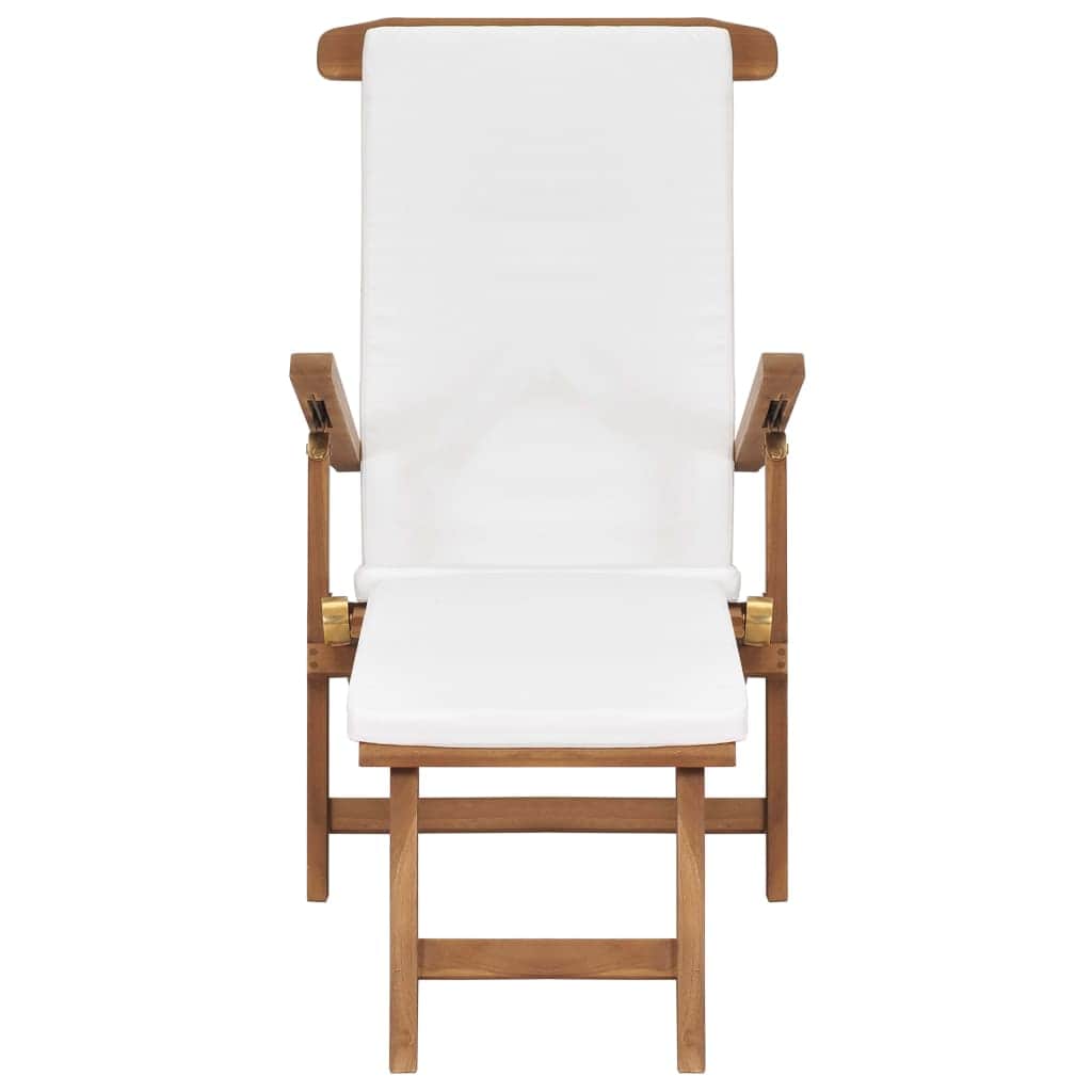 Deck Chair with Cushion Cream White Solid Teak Wood