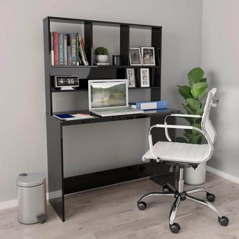 Desk with Shelves High Gloss Black Chipboard