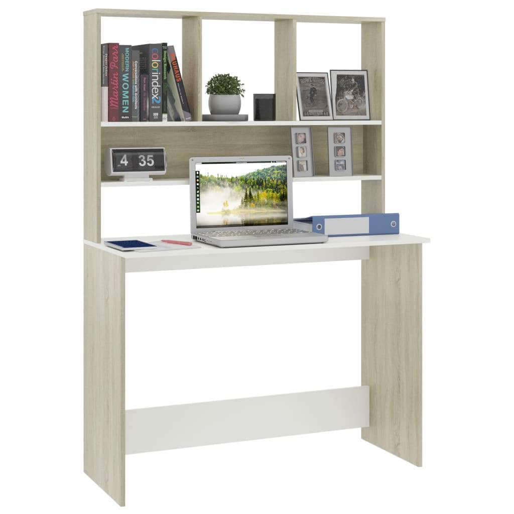 Desk with Shelves White and Sonoma Oak Chipboard