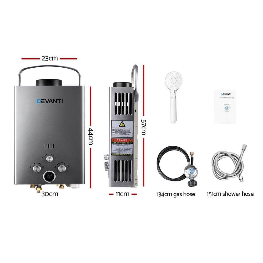 Devanti Gas Hot Water Heater Portable Shower Camping LPG Outdoor Instant Grey