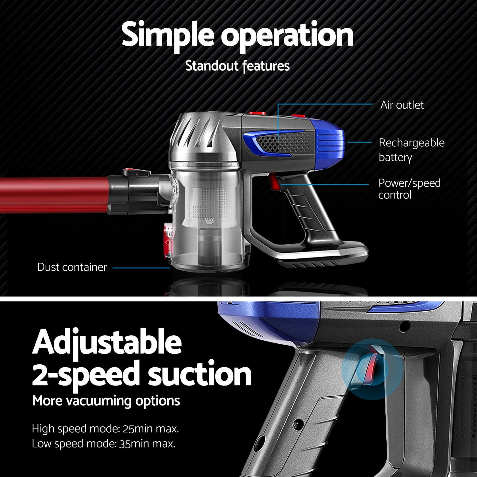 Sleek Red Cordless Stick Vacuum Cleaner - 150W, Devanti Handheld Handstick Vac