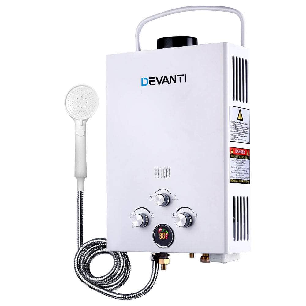 DEVANTi Outdoor Portable Gas Hot Water Heater Shower Camping LPG Caravan Pump White