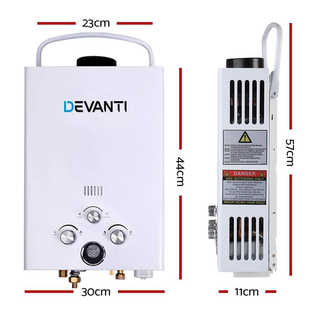 DEVANTi Outdoor Portable Gas Hot Water Heater Shower Camping LPG Caravan Pump White