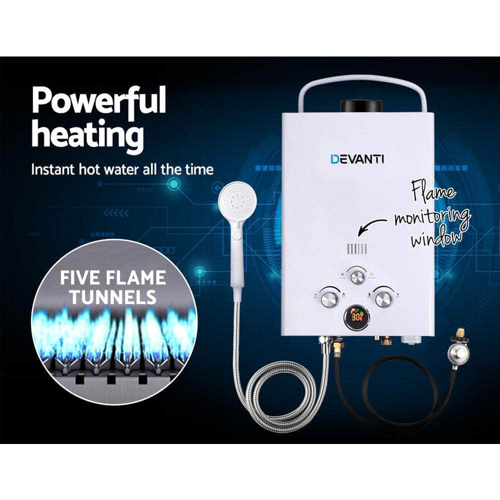 DEVANTi Outdoor Portable Gas Hot Water Heater Shower Camping LPG Caravan Pump White