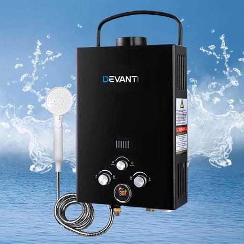 Devanti Outdoor Portable LPG Gas Hot Water Heater Shower Head 12V Water Pump Black