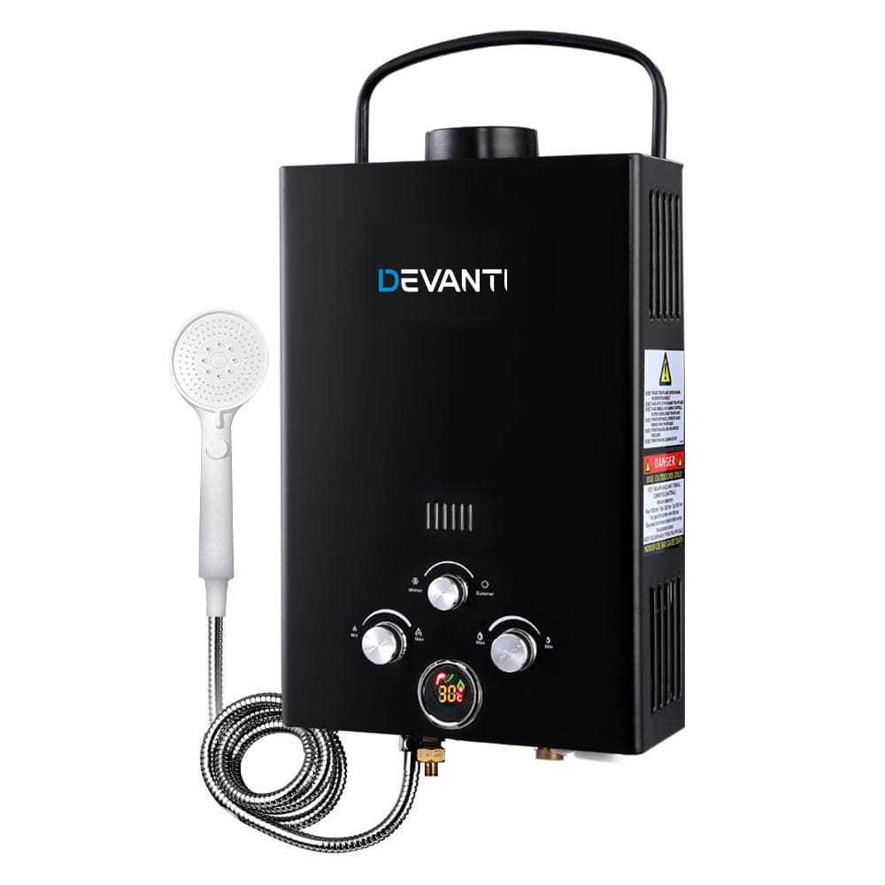 DEVANTi Portable Gas Water Heater Hot Shower Camping LPG Outdoor Instant 4WD Black