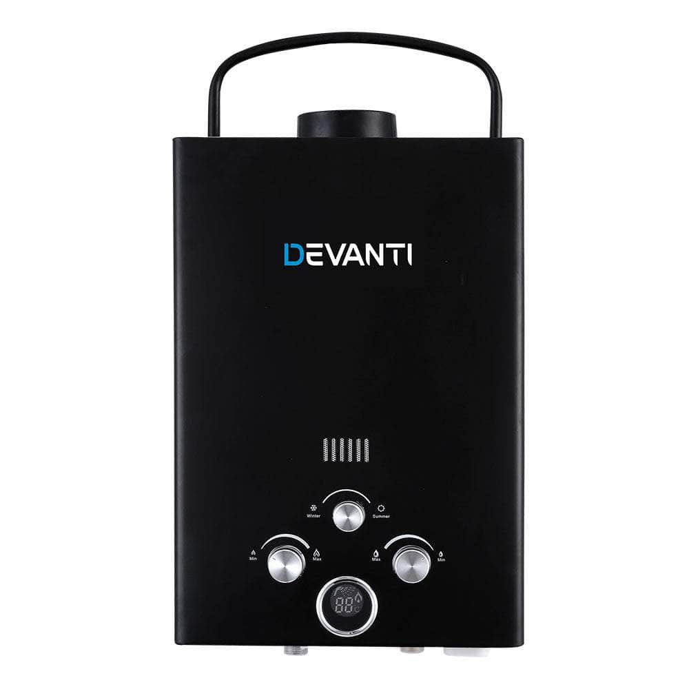 DEVANTi Portable Gas Water Heater Hot Shower Camping LPG Outdoor Instant 4WD Black