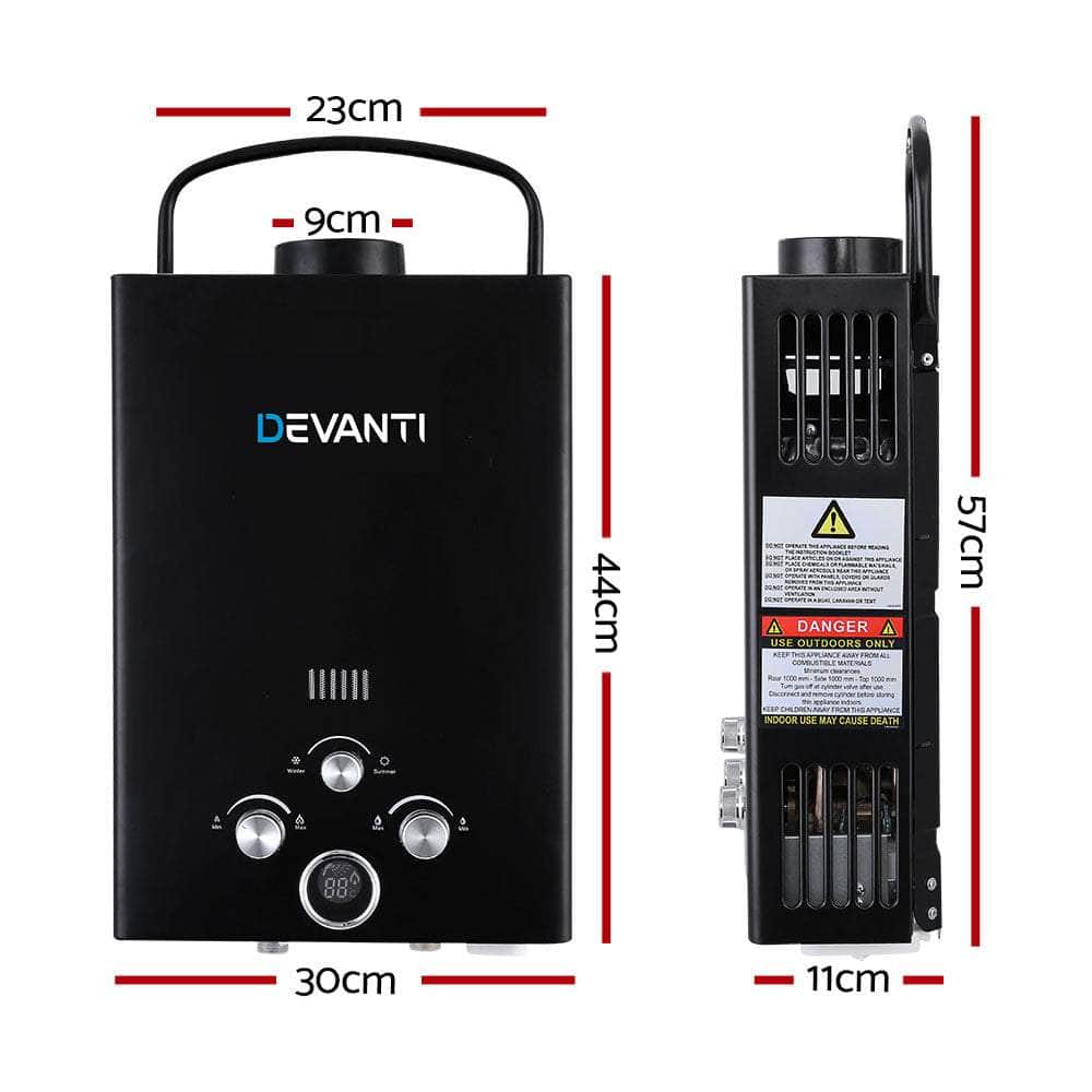 DEVANTi Portable Gas Water Heater Hot Shower Camping LPG Outdoor Instant 4WD Black