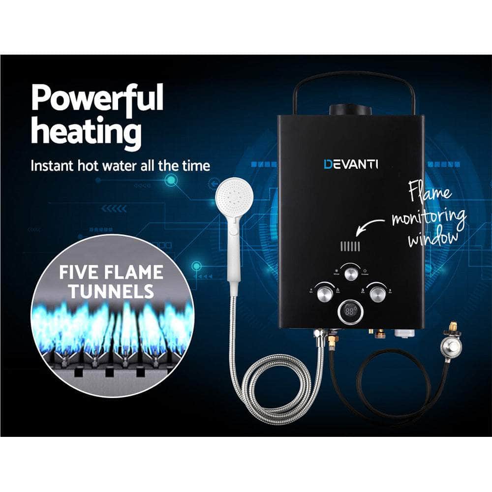DEVANTi Portable Gas Water Heater Hot Shower Camping LPG Outdoor Instant 4WD Black
