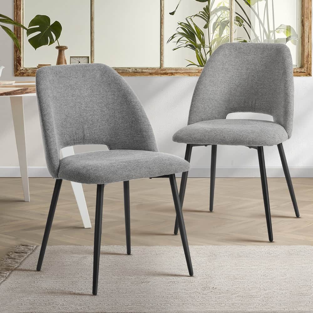 Dining Chair Set of 2 Beige/Grey Linen Fabric with Wraparound Padded Seat