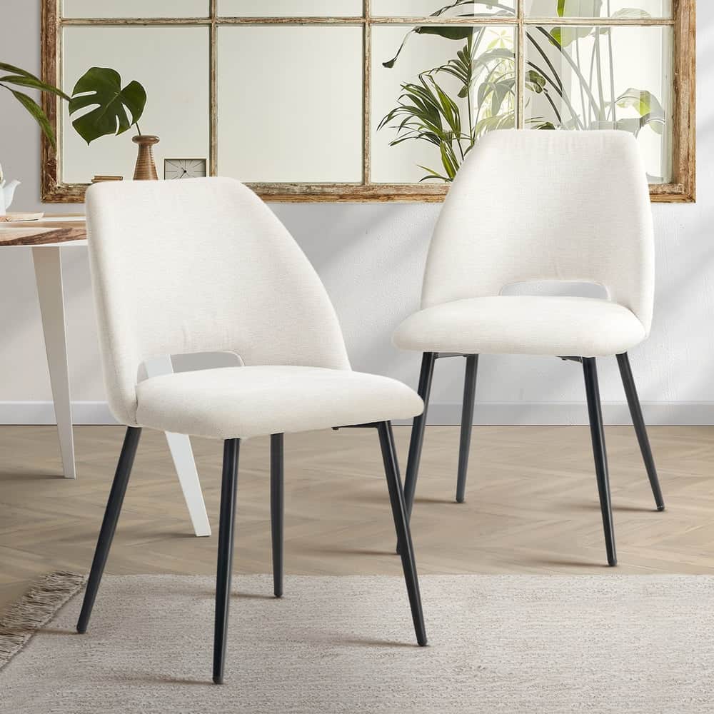 Dining Chair Set of 2 Beige/Grey Linen Fabric with Wraparound Padded Seat