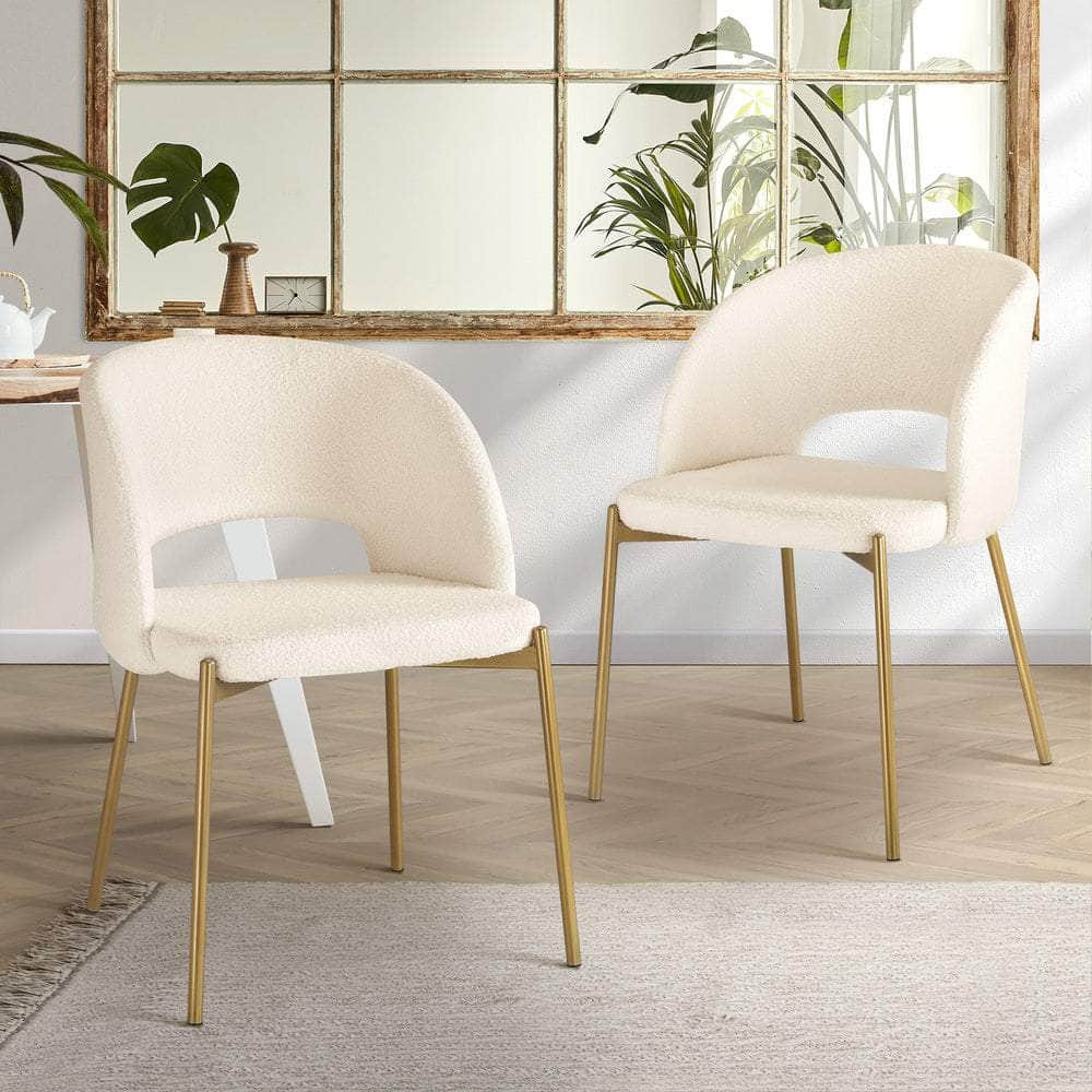 Dining Chair Set of 2 Sherpa White and Gold