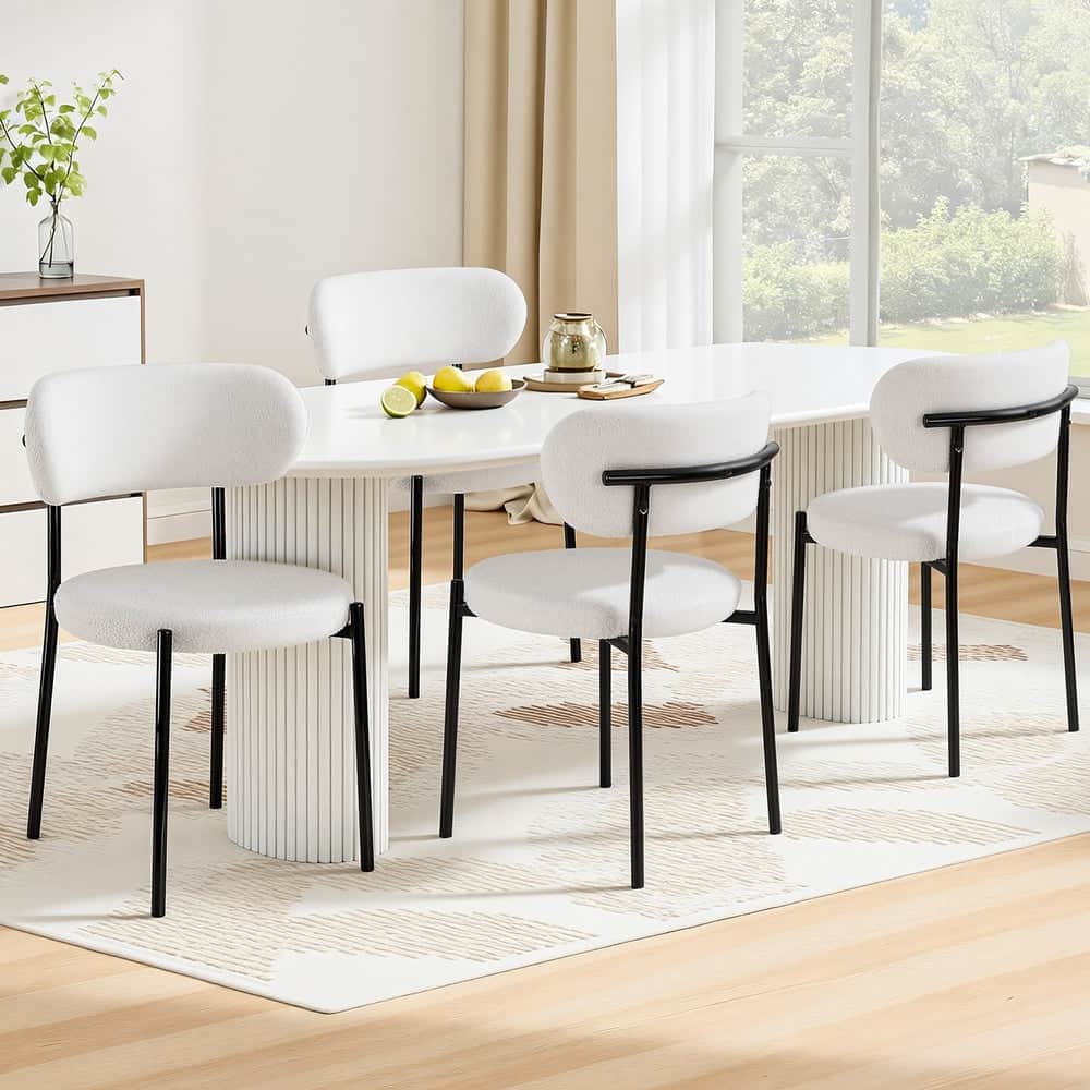 Dining Chairs Set Of 4 Sherpa Boucle White Fabric Upholstery King