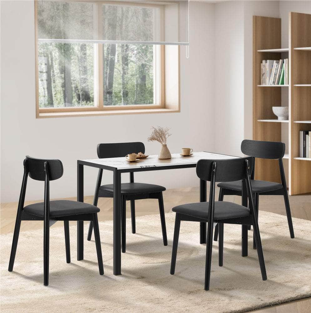 Dining Table 1.2m with 4PCS Wooden PU Leather Chairs White & Black Set