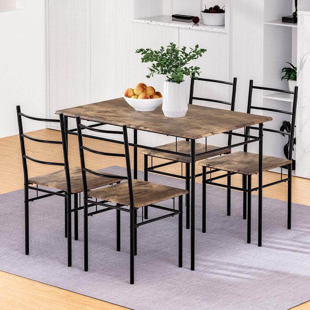 Wooden finish - Dining Table and Chairs Set 5PCS Industrial Wooden Metal Desk Walnut