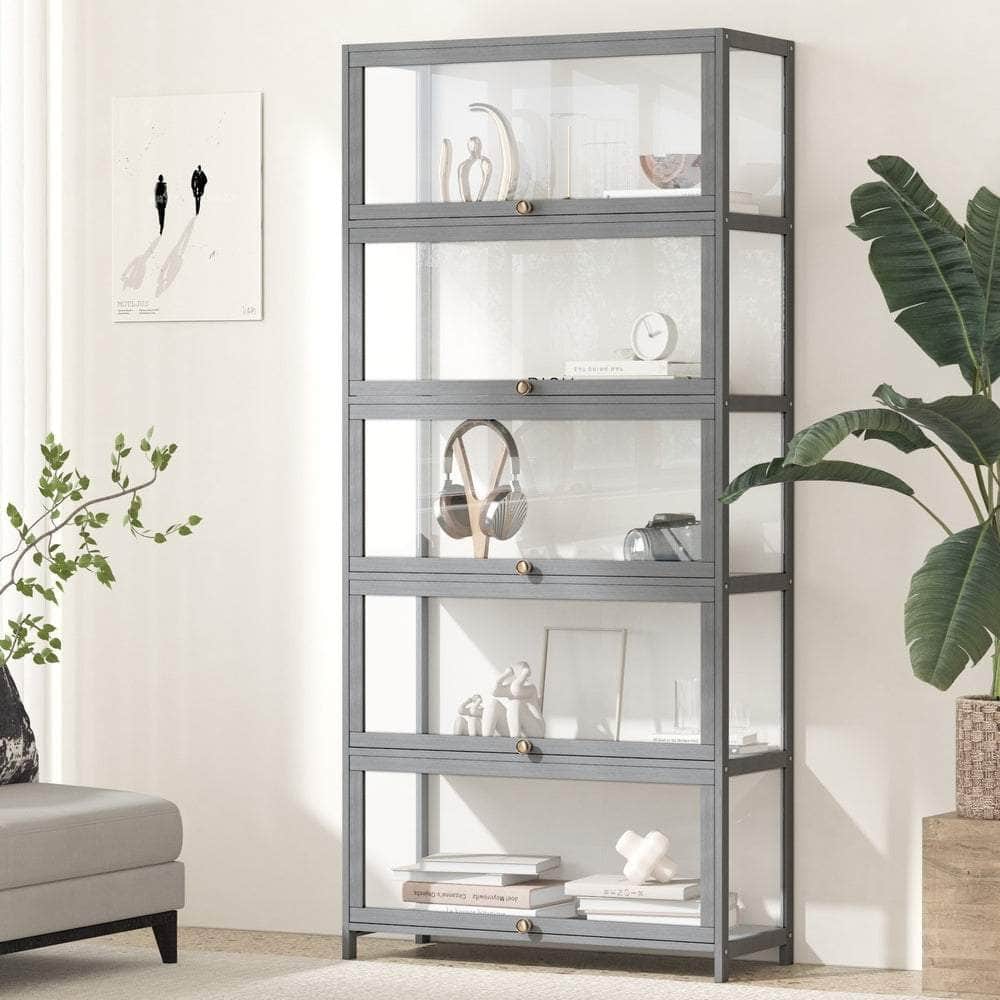 Display Cabinet 5 Tiers Clear Door Grey