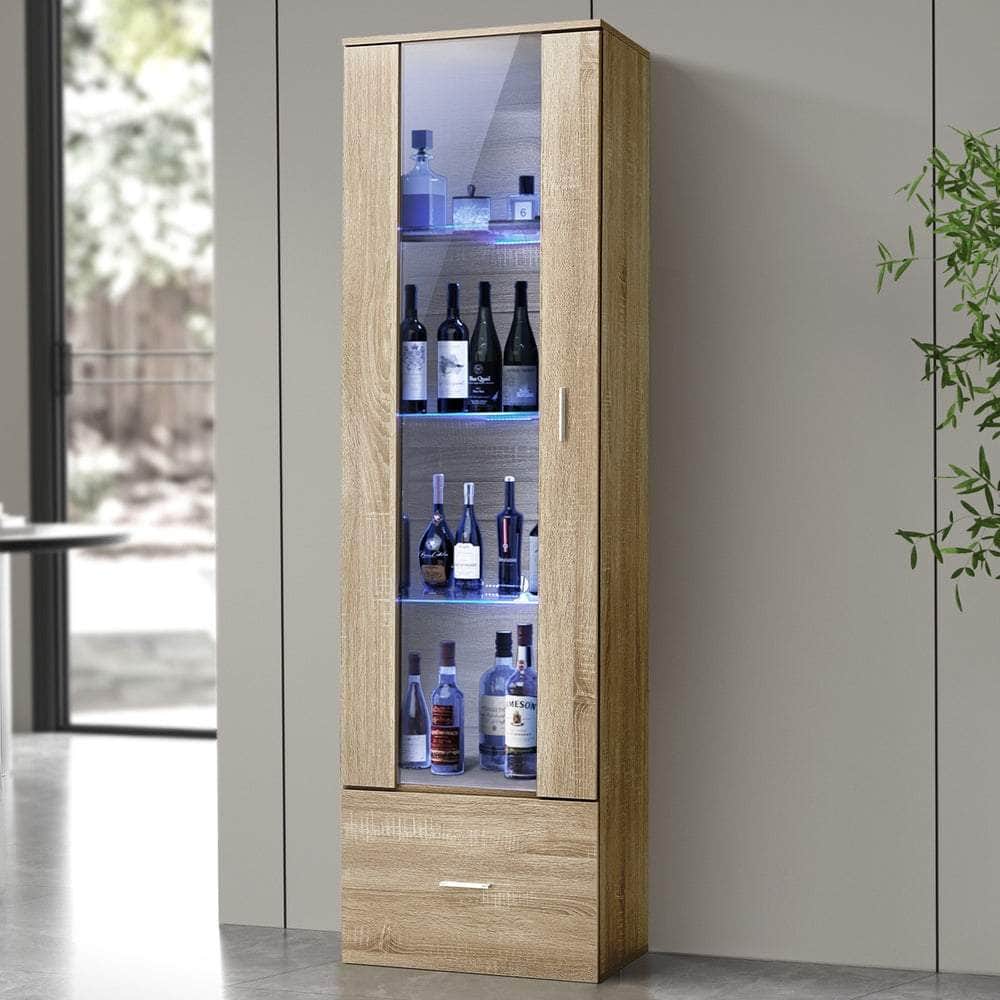 Display Cabinet Buffet Sideboard LED Light High Gloss Door Natural