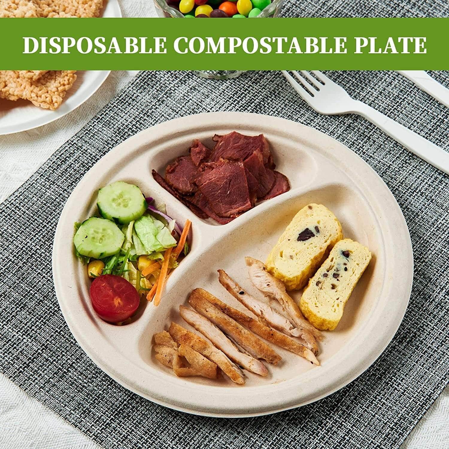 Disposable Sugarcane Bagasse 3-Compartment Paper Plates Eco 23Cm (9")