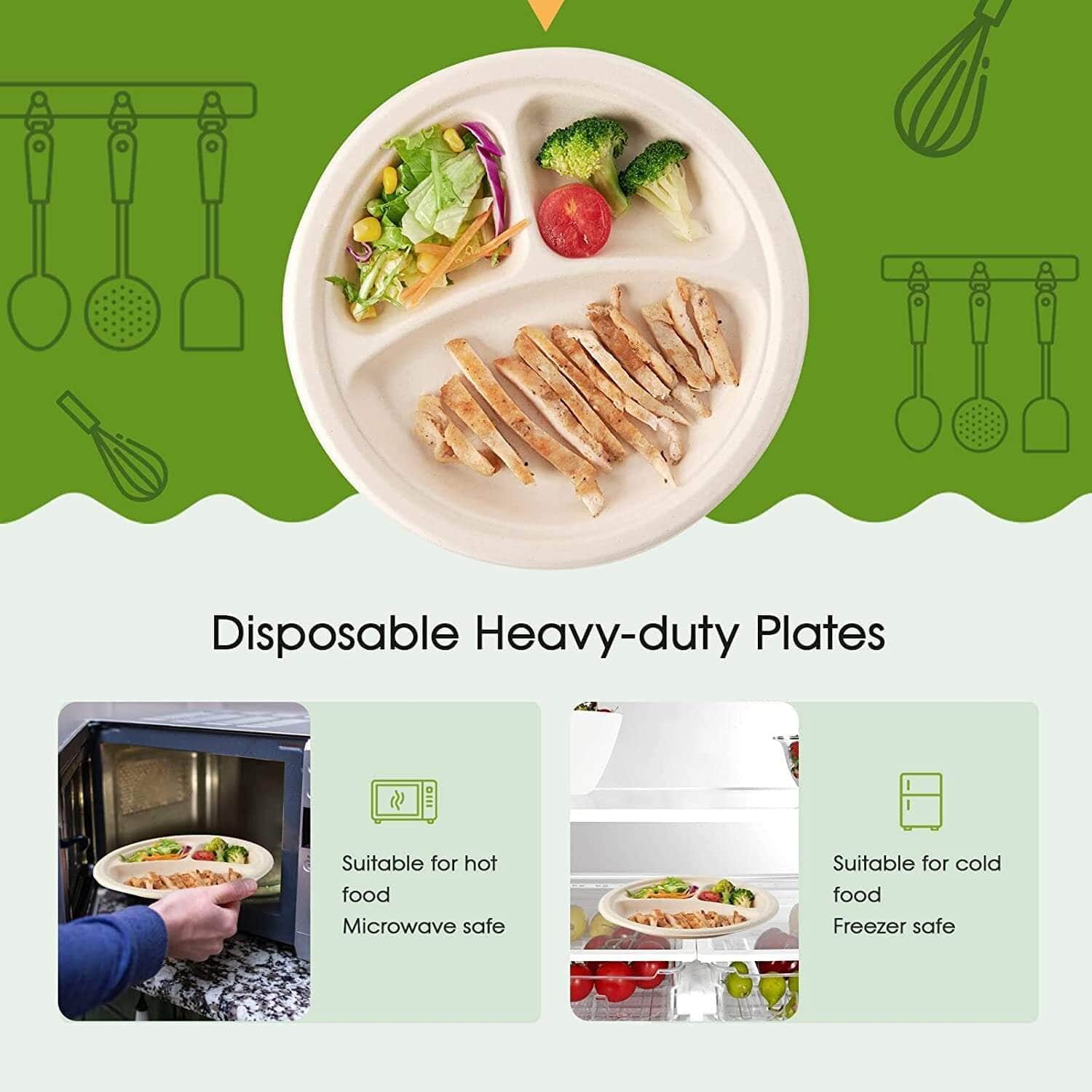 Disposable Sugarcane Bagasse 3-Compartment Paper Plates Eco 23Cm (9")