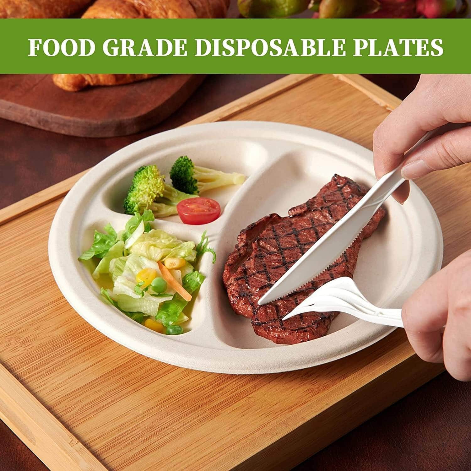 Disposable Sugarcane Bagasse 3-Compartment Paper Plates Eco 23Cm (9")