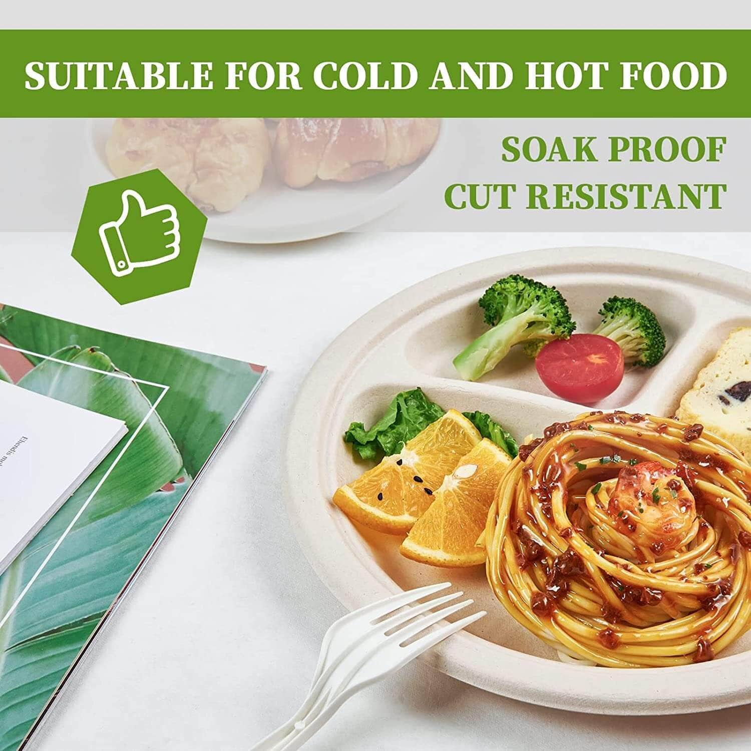 Disposable Sugarcane Bagasse 3-Compartment Paper Plates Eco 23Cm (9")