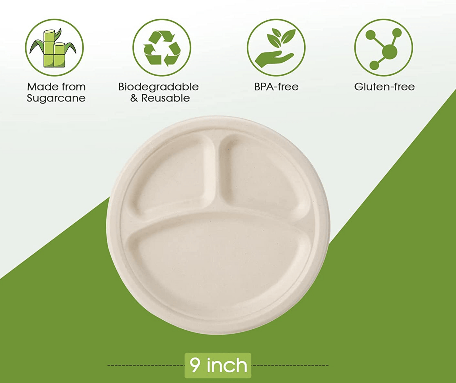 Disposable Sugarcane Bagasse 3-Compartment Paper Plates Eco 23Cm (9")