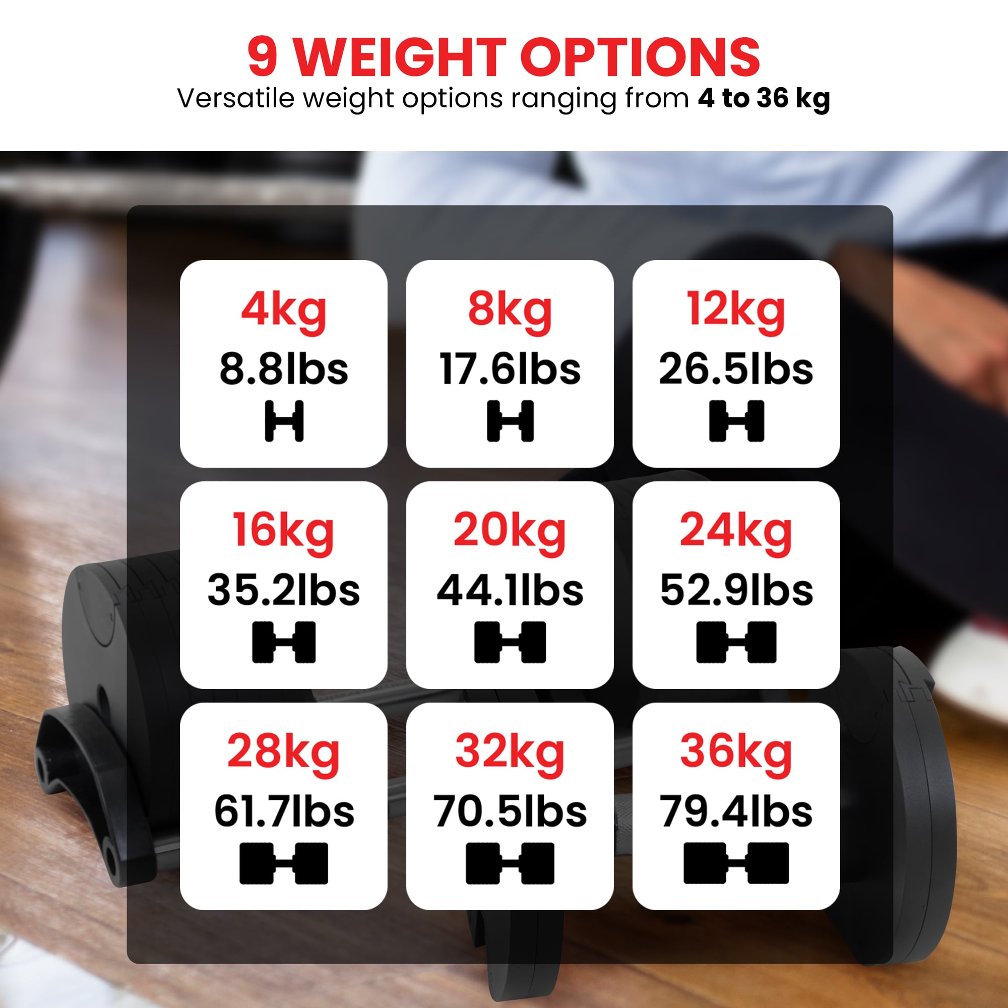 Adjustable Dumbbells 72kg Compact 48.5x18x18cm