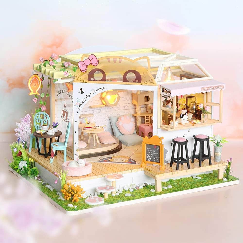 Dollhouse Miniature With Furniture Kit, Dust Proof, Music - Cat Coffee