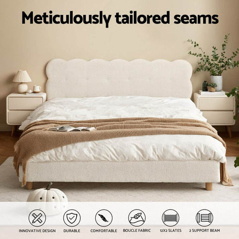 Double Bed Frame Cloud Headboard Boucle Fabric Mattress Platform