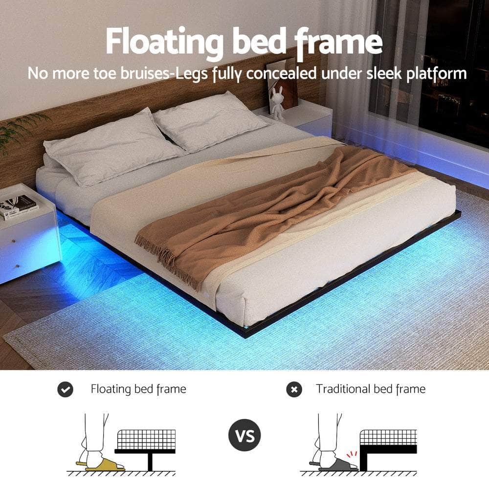 Double Bed Frame, Floating Metal Bed Frame with Smart LED Lights