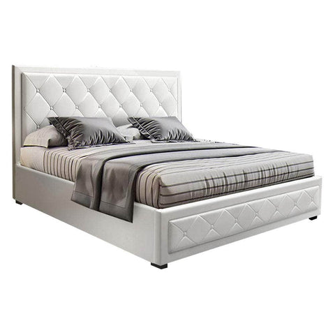 Double Full Size Gas Lift Bed Frame Base With Storage Mattress White Leather