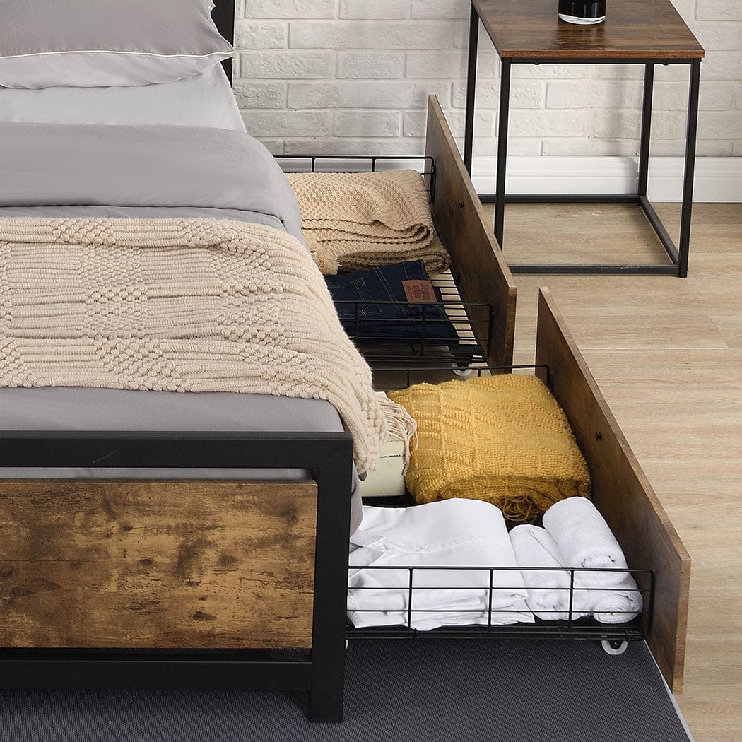 Double/Queen Bed Frame with Storage: Metal & Wood | 4 Drawers | Bonus Bottom Mat