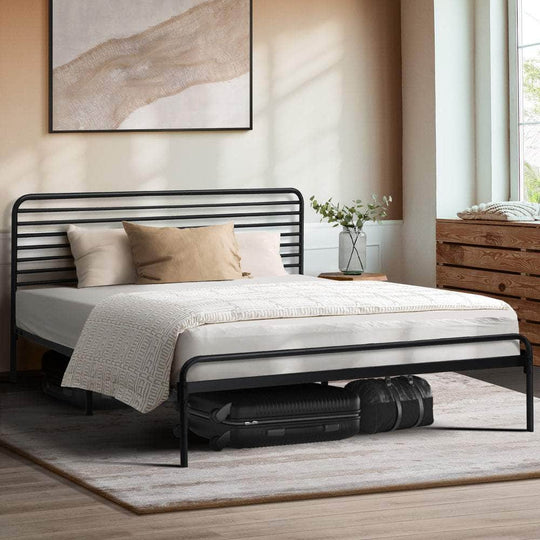 Metal Bed Frame - Double/Queen/King Single Metal Bed Frame Railing-style Black